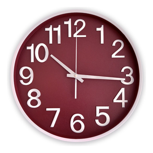 Reloj De Pared, Analógico 35 Cm, Diámetro, Pvc - 13361 Estructura Bordó Números En Blanco Fondo Modelo 4