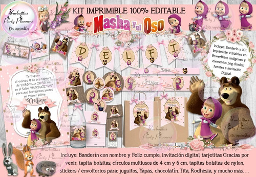 Kit Imprimible Candy Bar Masha Y El Oso Shabby 100% Editable