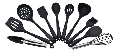 Jogo 10 Peças Utensílios Talheres De Silicone P/ Cozinha Cor Preto