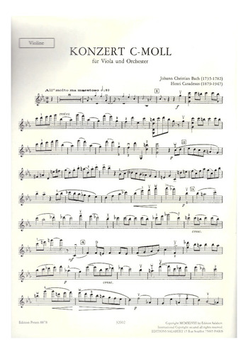 J.c. Bach: Concerto In C Minor For Viola And Orchestra, Edit