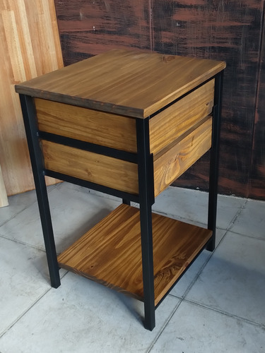 Imagen 5 de 8 de Mesa De Luz Mini 40x35x60 2 Cajones Industrial Hierro Madera