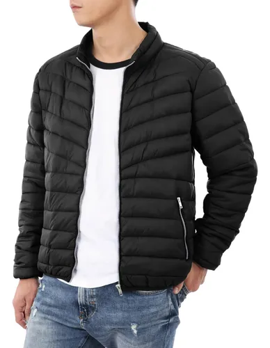 LOB Chamarra Biker Capitonada Color Negro Abullonada Cuello Mock Hombre  Moda Invierno