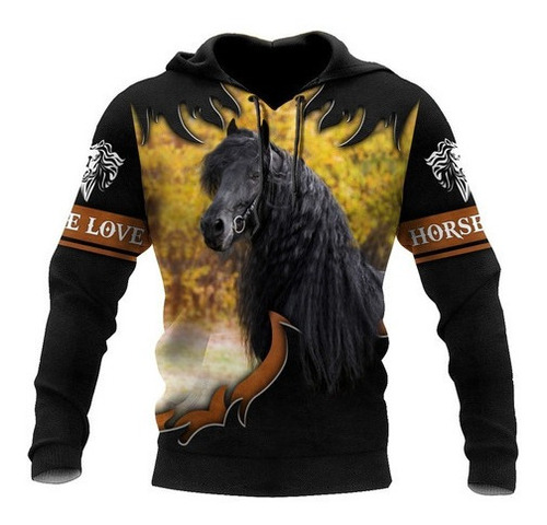 Sudadera T448 Con Capucha Y Diseño De Caballo Hermoso, Negro