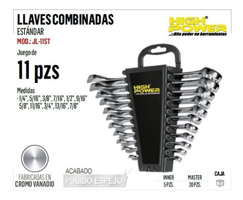 Imagen 2 de 6 de Juego De Llaves Combinadas 11 Piezas Acero Cromado