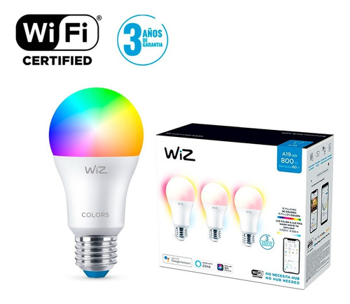  WiZ A19-LED Focos Inteligentes 3 Pack - Luz cálida a fría y multicolor controlable por Wi-Fi - Controla con tu voz