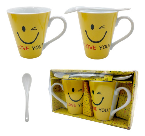 Set X 2 Tazas Emoji +2 Cucharitas Café Te En Caja Taza 300ml