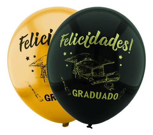 Globo Látex Dorado, Negro Felicidades Graduado X12 Unidades