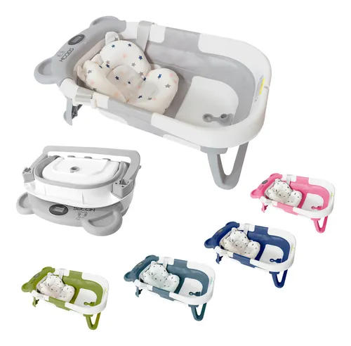 Bañera Plegable Kiddos Bebés Portátil Tina De Baño Viaje Amplia Cómoda Resistente Incluye Cojín Y Termómetro Con Orejas Color Gris