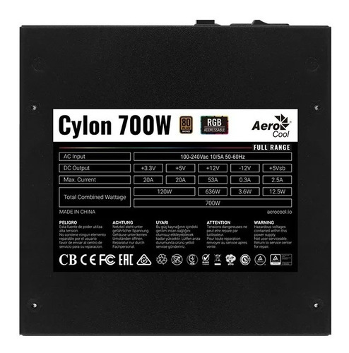 Imagen 6 de 10 de Fuente 700w Certificada Aerocool Cylon Argb 80+ Bronze Rgb
