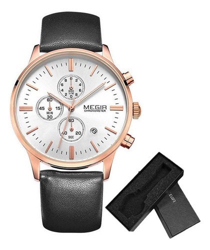 Reloj De Cuarzo Megir Leather Para Hombre Con Calendario De Color Del Fondo White Rose Black