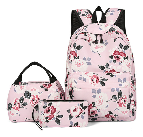 Mochila Casual Floral Tres Piezas Térmica Gran Capacidad