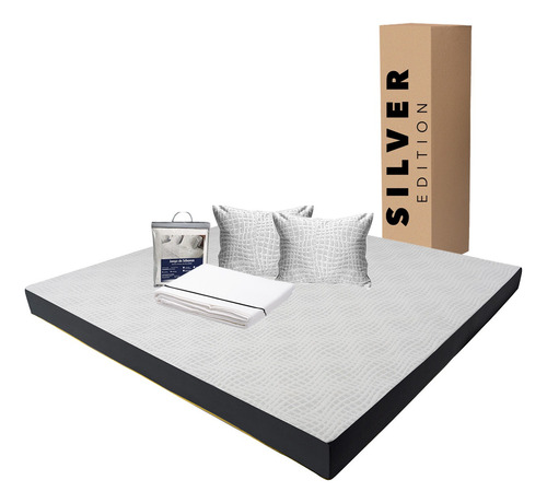 Colchón King Size En Caja 15 Cm + Juego Sábanas Y Almohada Blanco Y Gris