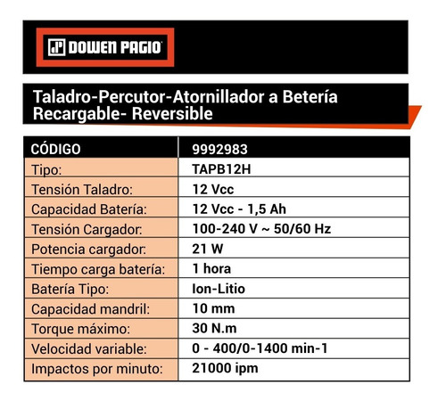 Imagen 3 de 9 de Taladro Percutor Inalámbrico De 10mm Dowen Pagio 9992983 Con Maletín De Transporte