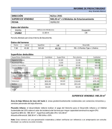Imagen 2 de 2 de Terreno, Núñez; Núñez 2945; 940 M2 Vend. + 6 Cocheras