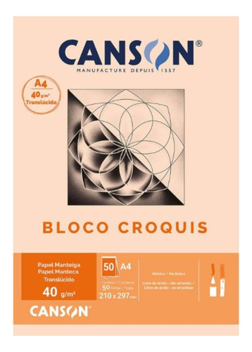 Bloco Croquis A4 Canson Papel Manteiga 40g 50 Folhas