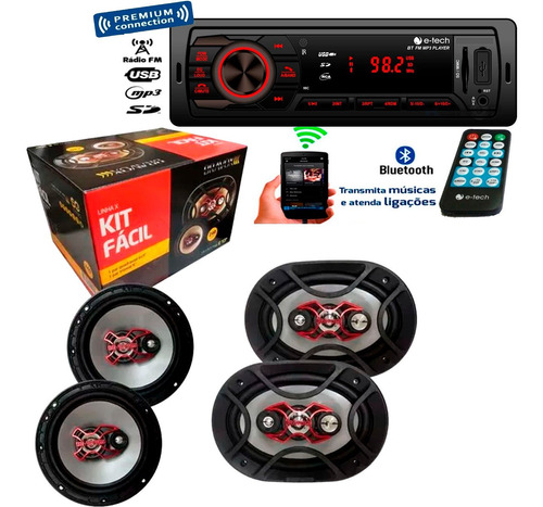 Kit Facil 2 Falantes 6 E 2 6x9 Bravox + Radio E-tech Mp3 Usb