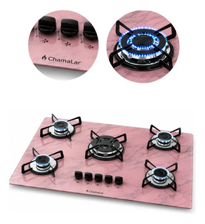 Fogão Cooktop a gás 5 bocas Tripla Chama Marmorizado Rosa 127/220v Bivolt