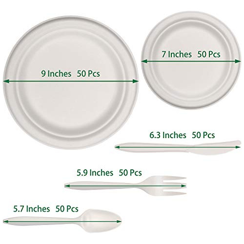 250pcs Compostable Paper Plates With Cutlery Set, Dispo...