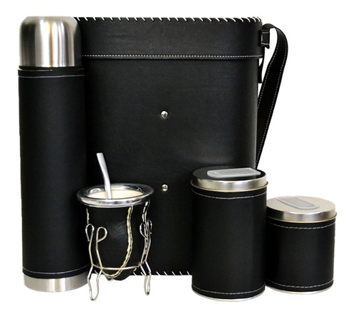 Equipo De Mate Ceramica Completo Liso Negro Set Kit Matero 2