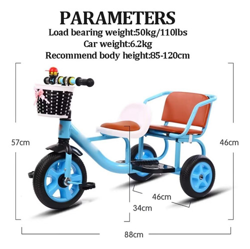 Triciclo Gemelar Para Niños De 2-5 Años, Ruedas Foam, Canast Color