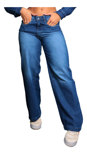 Calça Jeans Feminina Wide Leg Slim Cós Alto Escura