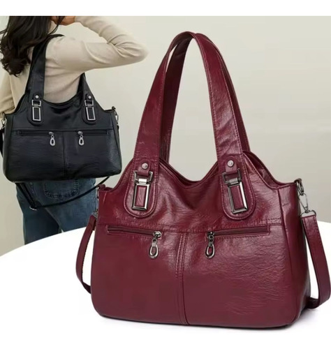 Cartera Bolso De Mujer Grande Estilo Básico De Eco Cuero Negro Liso Cromado Negro