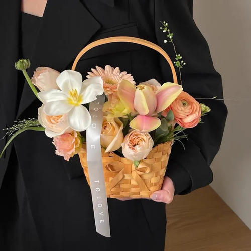 Zl Cesta Portátil Tejida A Mano Con Lazo De Flores, Regalo