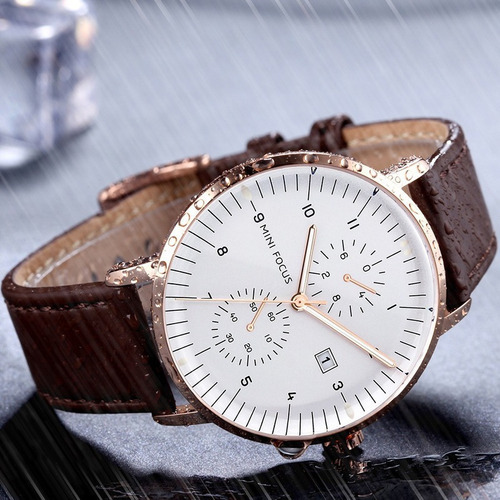 Reloj De Caballero Impermeable De Cuero Casual Mini Focus Color De La Correa Marrón