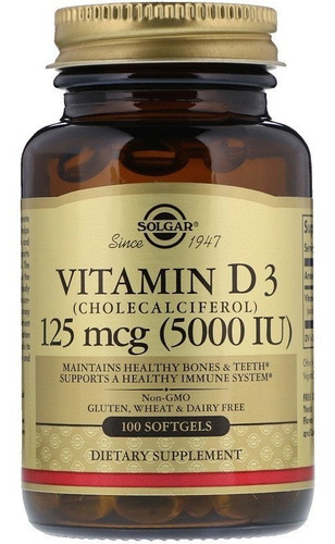 Vitamina D3, Colecalciferol, 5000 Ui, 100 Cápsulas Gelatinos