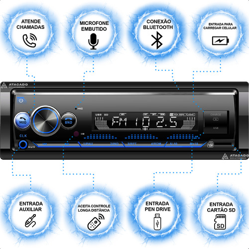 Som Automotivo Via Bluetooth Usb App Control Leitor Cartão