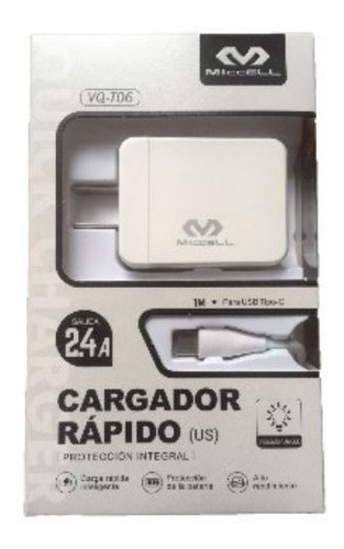 Cargador Rápido 2.4a - 2 Puertos Usb Con Cable Tipo-c