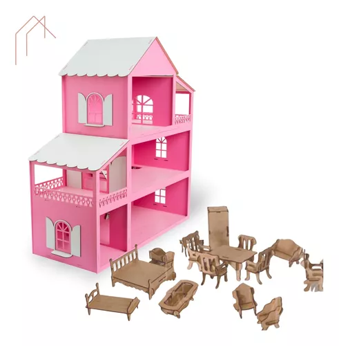 Casa De Boneca Barbie Completa Mdf Branca E Rosa + Kit