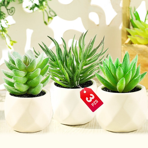 3pzs Planta Artificial Suculenta Decorativa Maceta Cerámica