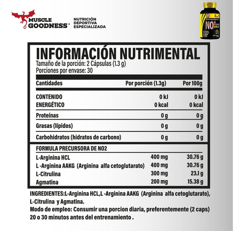 Imagen 2 de 6 de No2 Gold 4 En 1, Arginina Hcl + Citruina + Agmatina 60 Cap