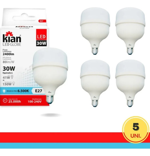 Kit 5 Lâmpada Led Alta Potência 30w 6500k Bivolt Kian