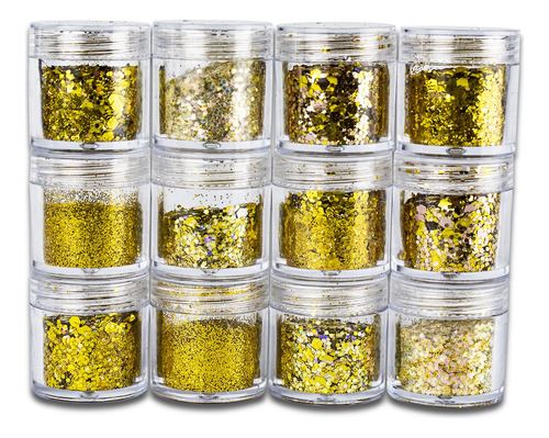 Kit 12 Glitter Dourado Decoração Unhas Encapsulada Gel Fibra