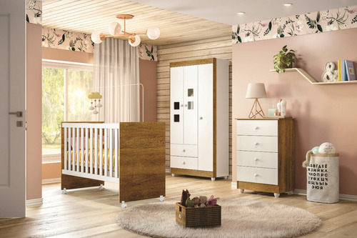 Mini Berço Cama Montessoriano Para Quarto De Bebê Menino E Menina Com Grade De Proteção Removível E Rodízios Cor Branco Amadeirado