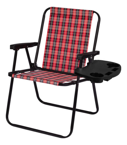 Kit Cadeira De Praia Dobravel Xadrez Vermelha +mesa Portátil