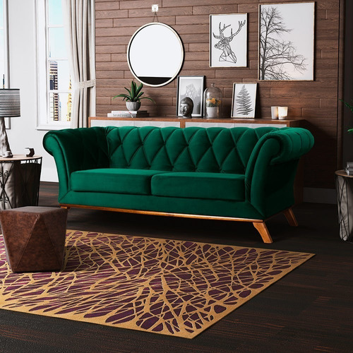 Sofá 3 Lugares Para Sala Império 230cm Veludo Verde C-303 Cor Verde-musgo Desenho Do Tecido Liso
