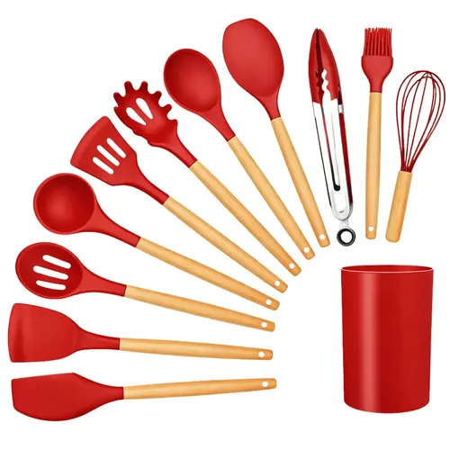 Kit Utensílios Cozinha Silicone 12 Peças Com Suporte Cabos Madeir...