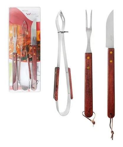 Kit Churrasco De Inox Com Faca 5,5'' Garfo E Pegador