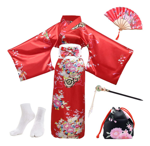 Plulon 5 Piezas Bata Japonesa Geisha Yukata Vestido Flor Sat