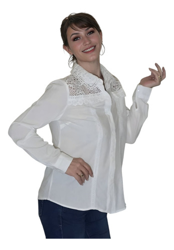Camisa Importada Blanco Cuello Hombros Bordado Crochet