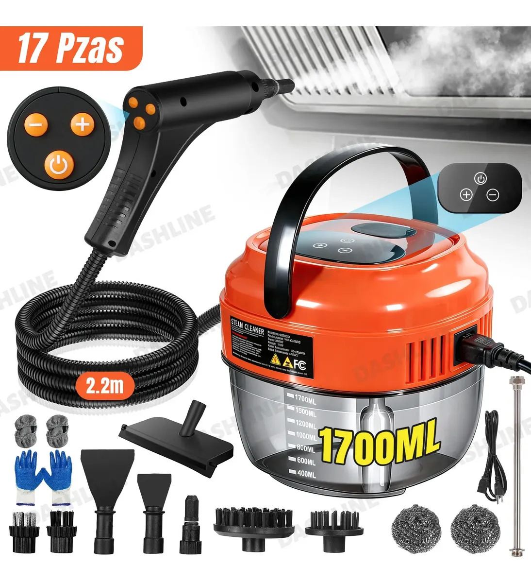 Dashline Limpiadora A Vapor De 2800W,Maquina De Vapor Chinches Presurizado De Alta Temperatura,6 Niveles Ajustables,Con Tanque De 1.7L, Adecuado Para Limpiar Coches, Cocinas, Baños