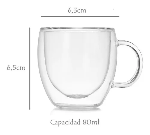 Set X 6 Tazas Te Y Cafe Con Manija Doble Pared Vidrio 80ml