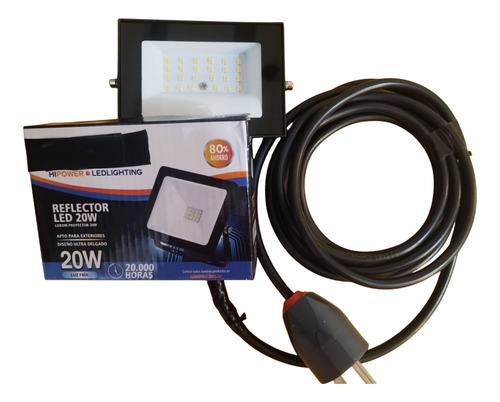 Reflector 20w + Cable 6mts + Ficha. Muy Luminoso!!! Negro