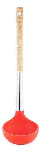 Concha De Silicone Vermelha Com Cabo De Madeira E Aço Inox