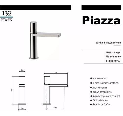 Grifería Lavatorio Monocomando Cromo Lounge Piazza + Sopapa