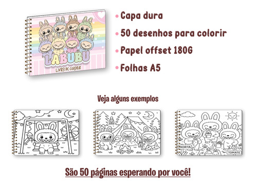 Livro De Colorir Labubu Capa Dura Desenhos Variados Folha A5 Papel Gramatura 180g Edição Inédita