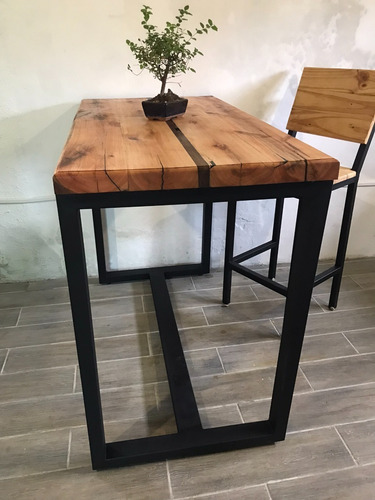 Imagen 2 de 8 de Mesa Barra Desayunador Industrial En Hierro Y Madera Única